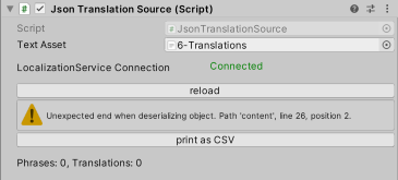 Inspector for Json Translation Source with Error